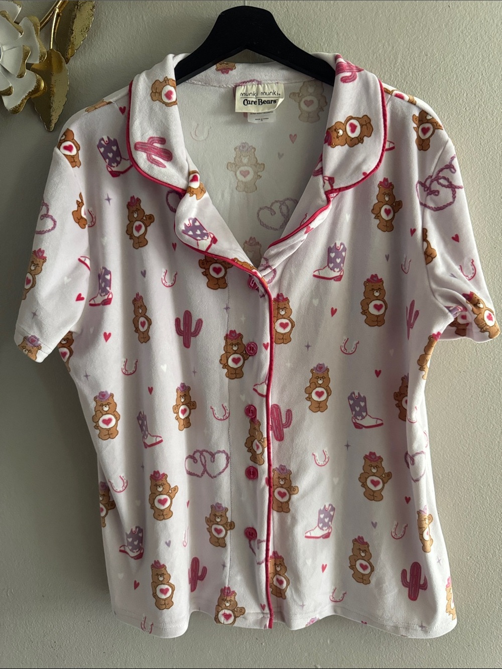 Care Bears White Top with Pink Trim and Brown Bear Print